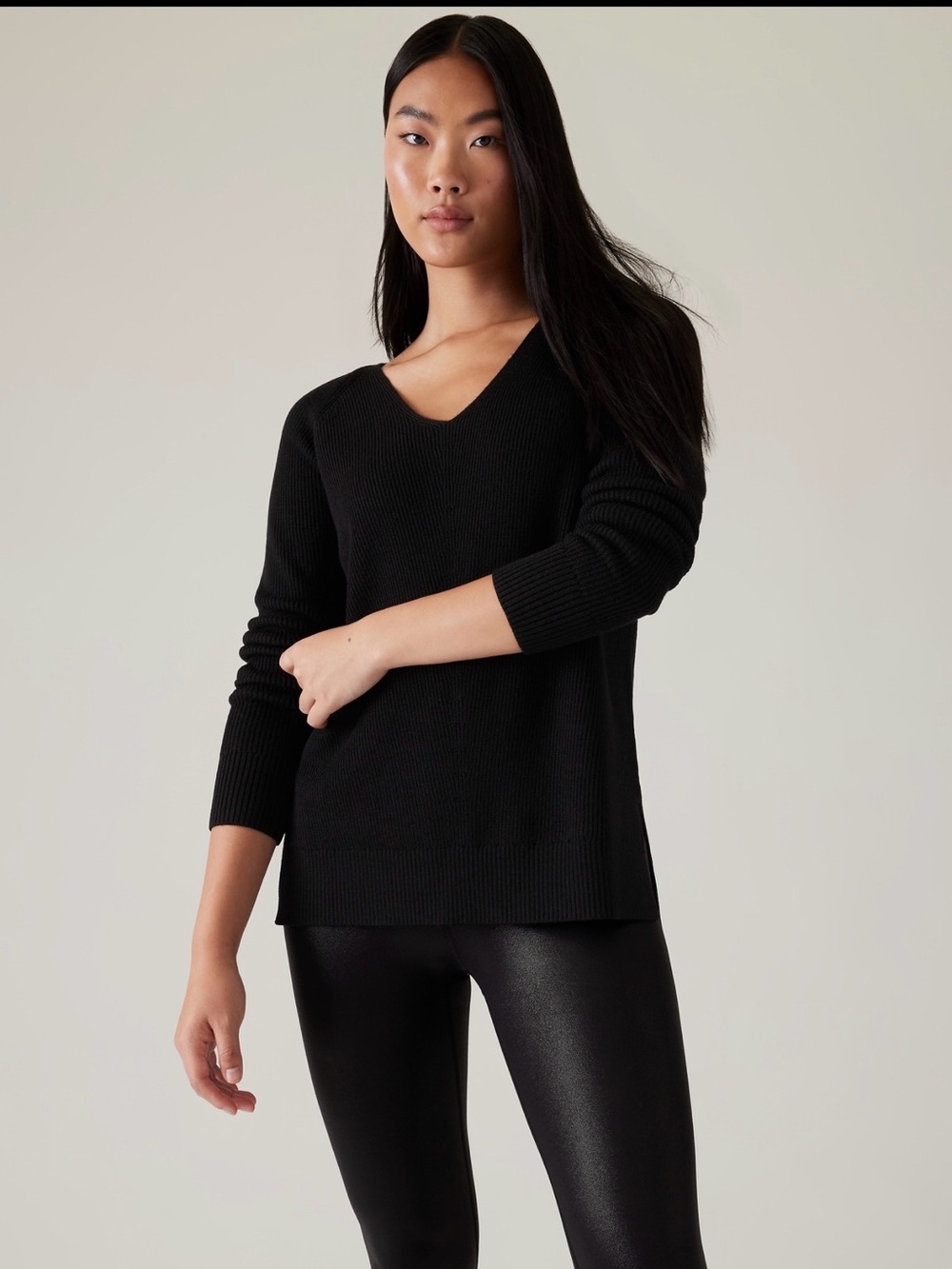 Athleta Black V-Neck Ribbed Knit Sweater